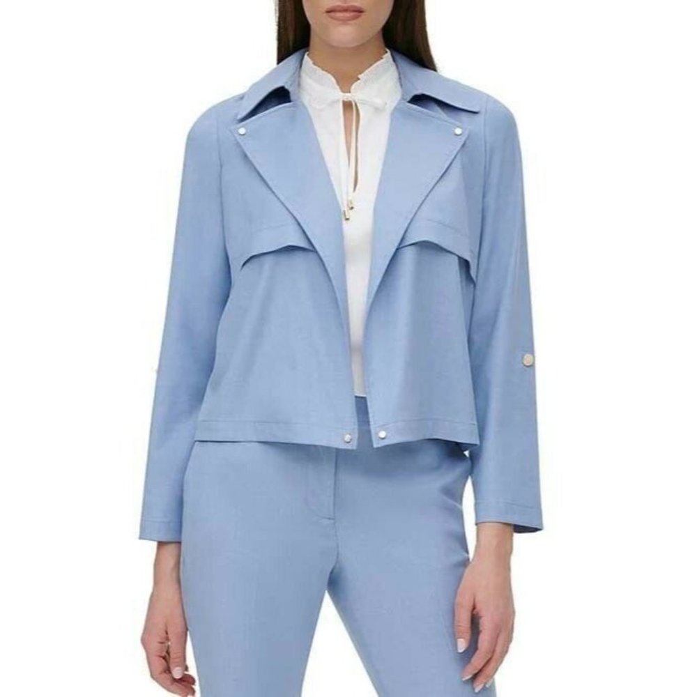 DKNY Women's Blue Open Front Notch Lapel Long Roll-Tab Sleeve Jacket Size 2 $139